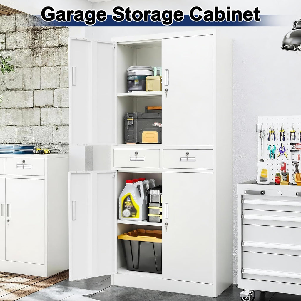 White Metal Storage Cabinet with 2 Drawers 4 Doors and Lock H536356