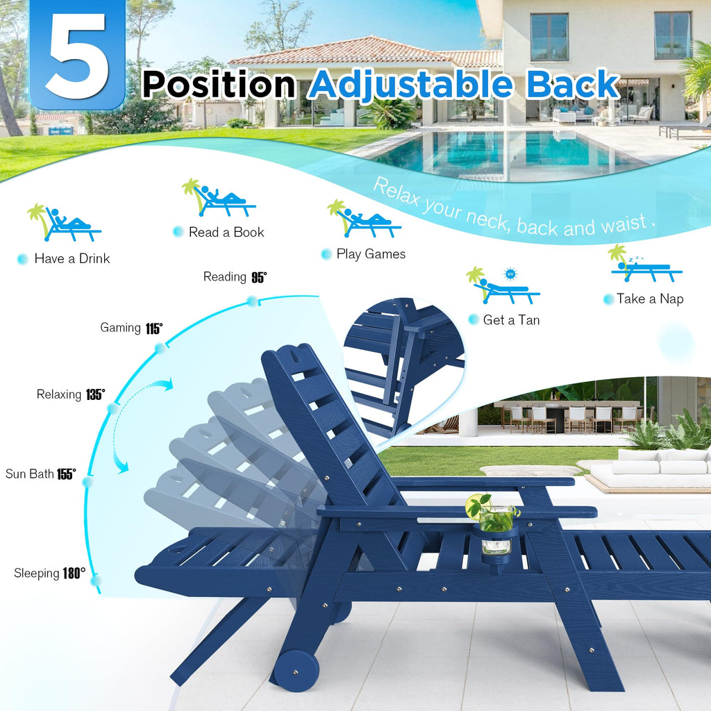 Set of 2 Outdoor Chaise Lounge Chairs with Wheels & Cup Holder A541