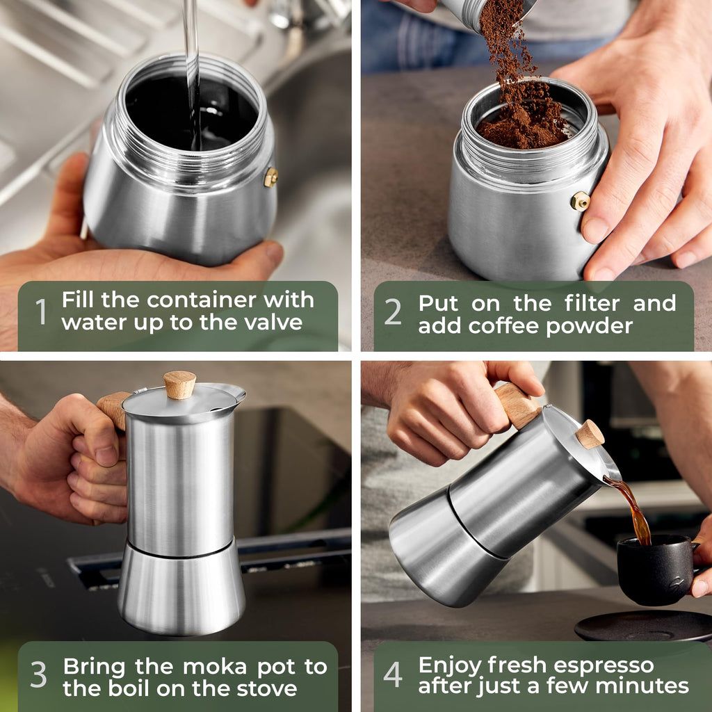 Stainless Steel Moka Pot 10oz Oak Wood Handle Stovetop Espresso Maker M737638