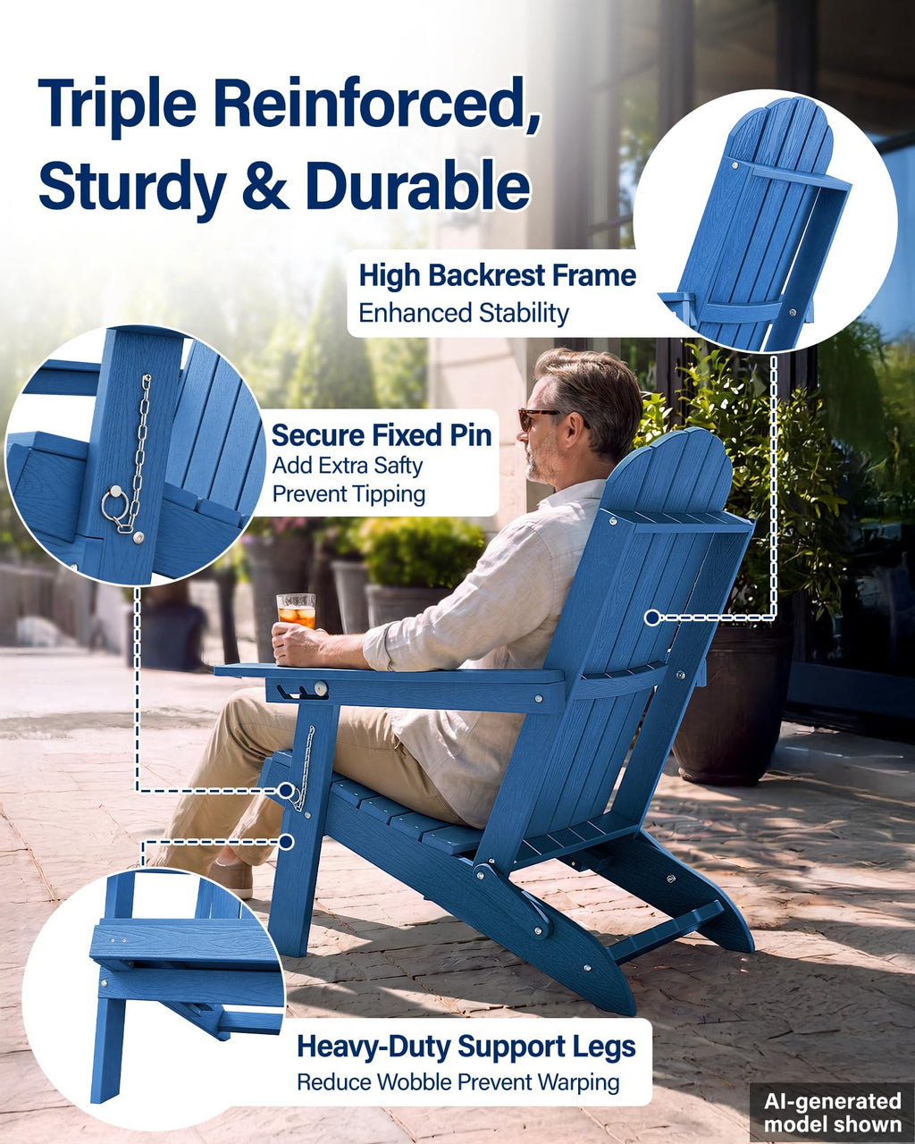 Blue HDPE Adirondack Chairs with Footrest Set of 4 D3554