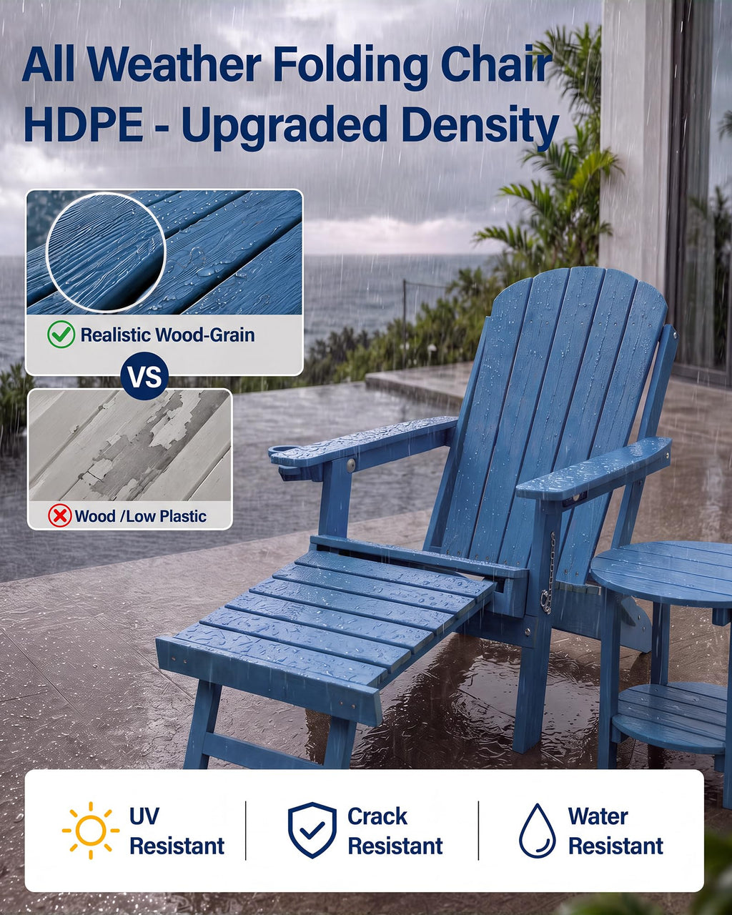 Blue HDPE Adirondack Chairs with Footrest Set of 4 D3554