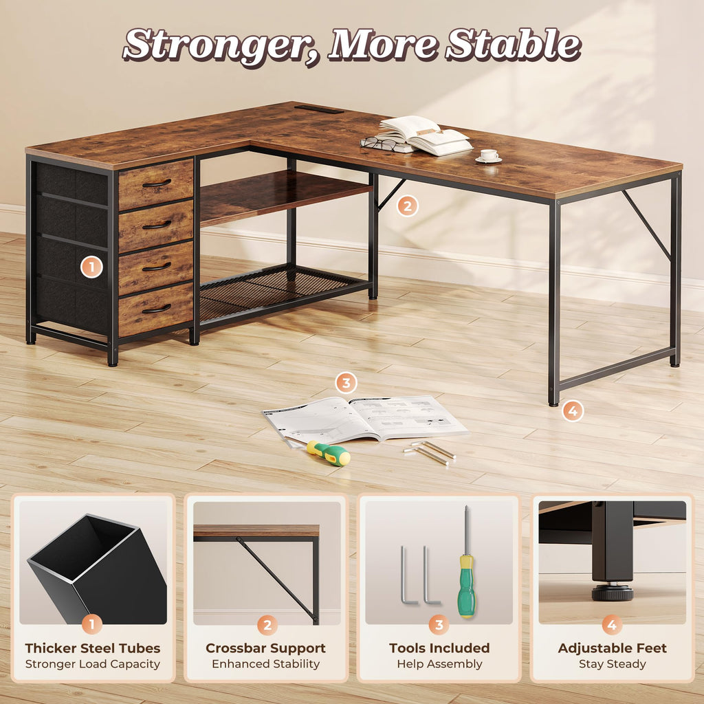 61" L Shaped Desk with Power Outlets & 4 Drawers Y463