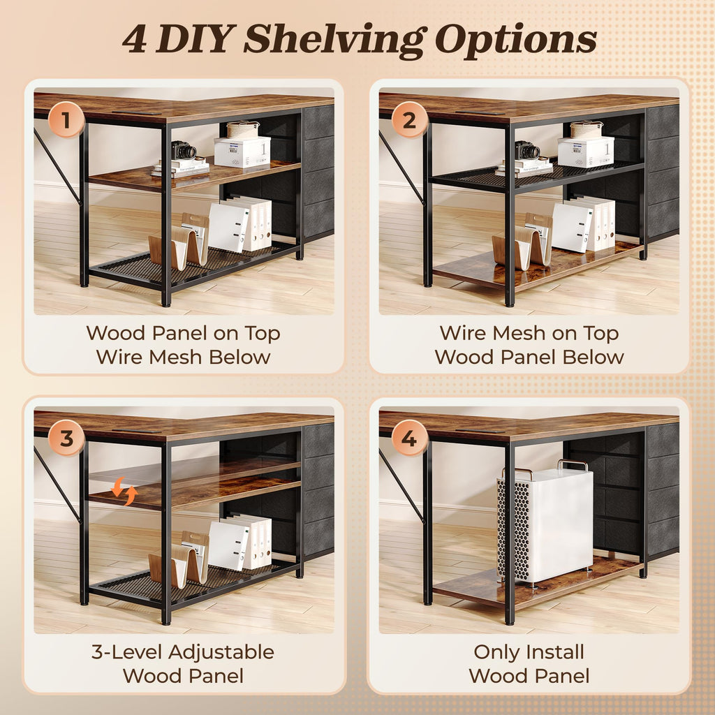 61" L Shaped Desk with Power Outlets & 4 Drawers Y463