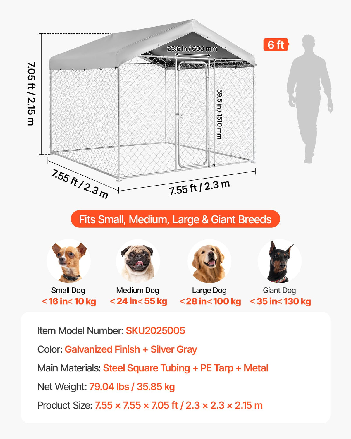 7.55 x 7.55 x 7.05 ft Outdoor Dog Kennel with Roof Cover I1940