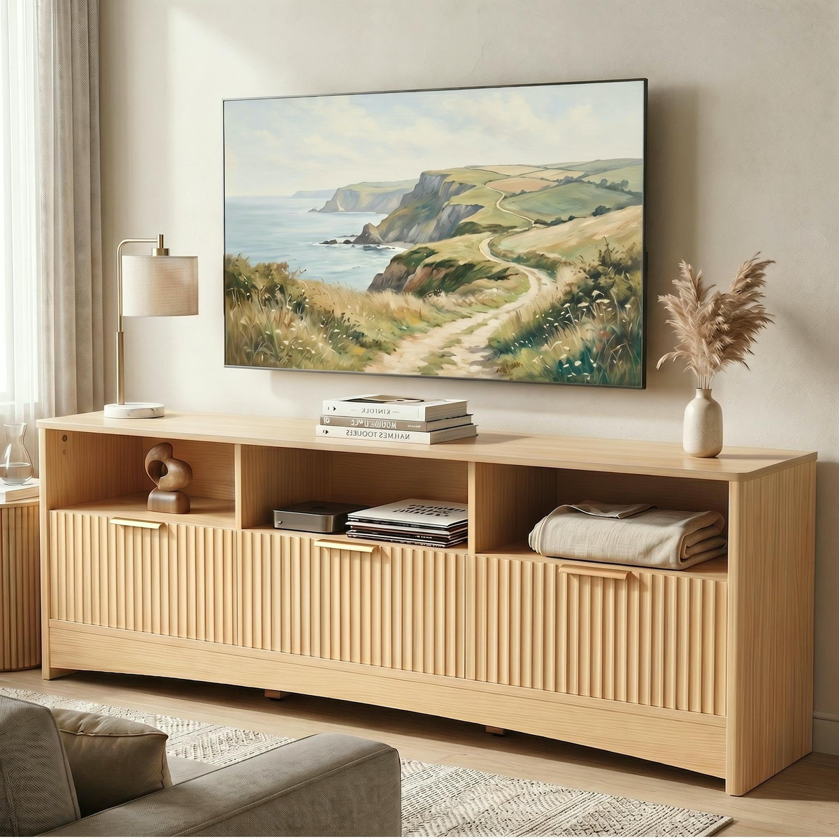 Oak Fluted TV Stand for 65 inch TV with Drawers W199
