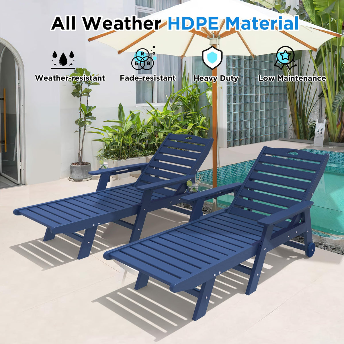 Set of 2 Outdoor Chaise Lounge Chairs with Wheels & Cup Holder A541