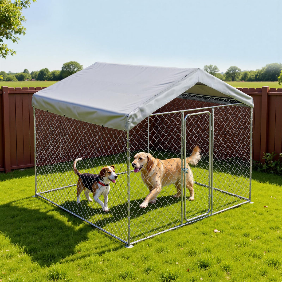 7.55 x 7.55 x 7.05 ft Outdoor Dog Kennel with Roof Cover I1940