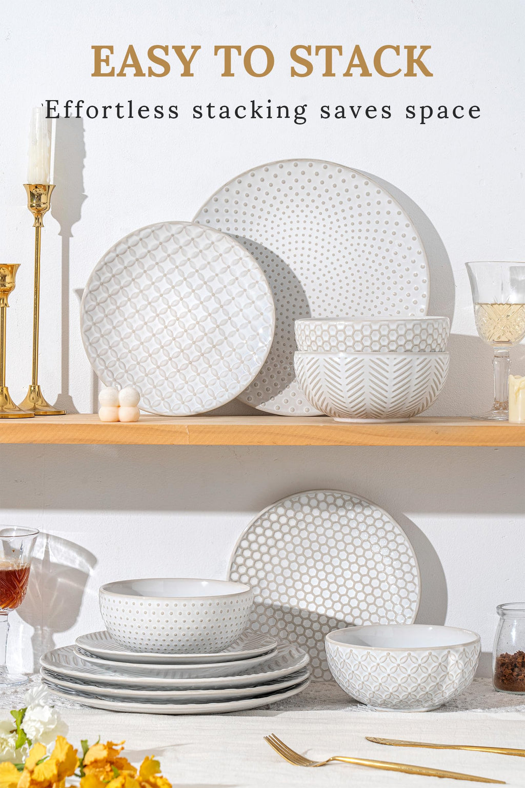 12 Piece Embossed Stoneware Dinnerware Sets for 4 P10373