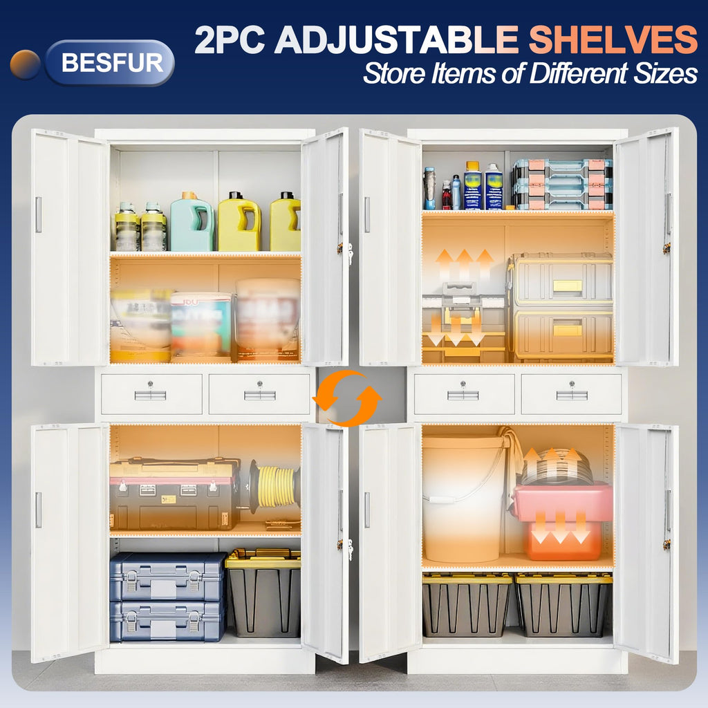White Metal Storage Cabinet with 2 Drawers 4 Doors and Lock H536356