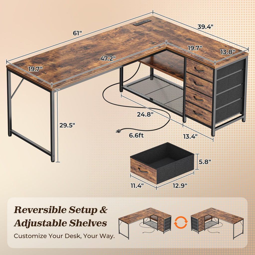 61" L Shaped Desk with Power Outlets & 4 Drawers Y463