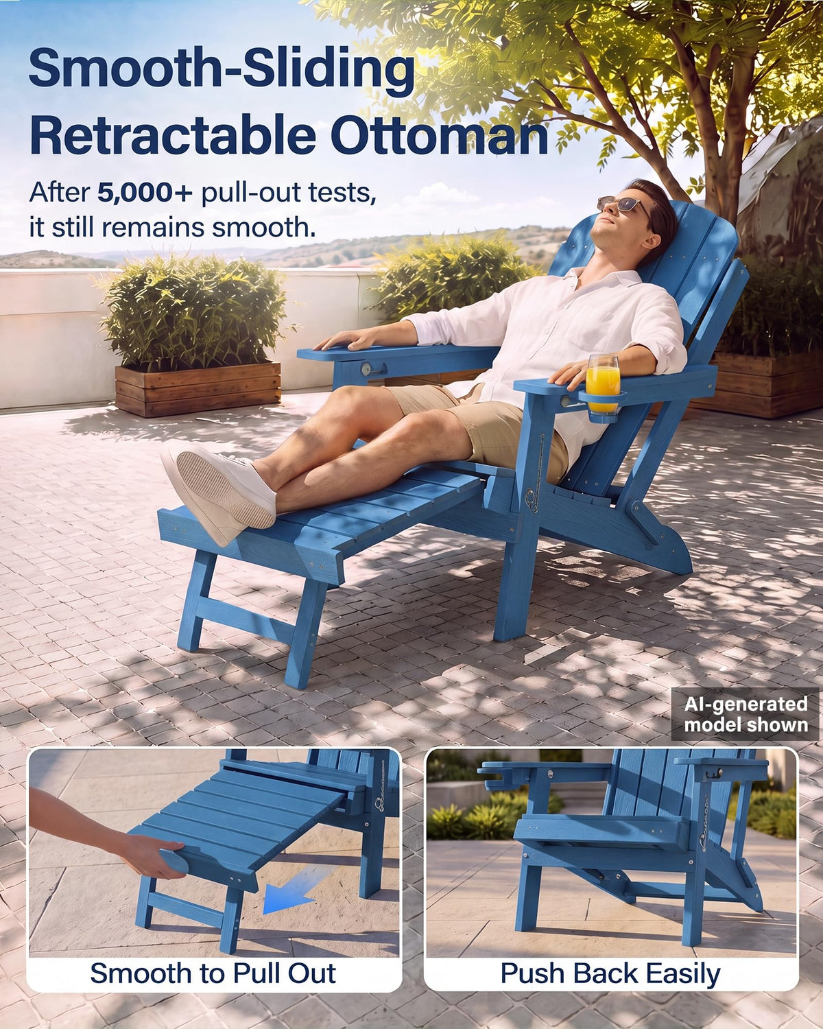 Blue HDPE Adirondack Chairs with Footrest Set of 4 D3554