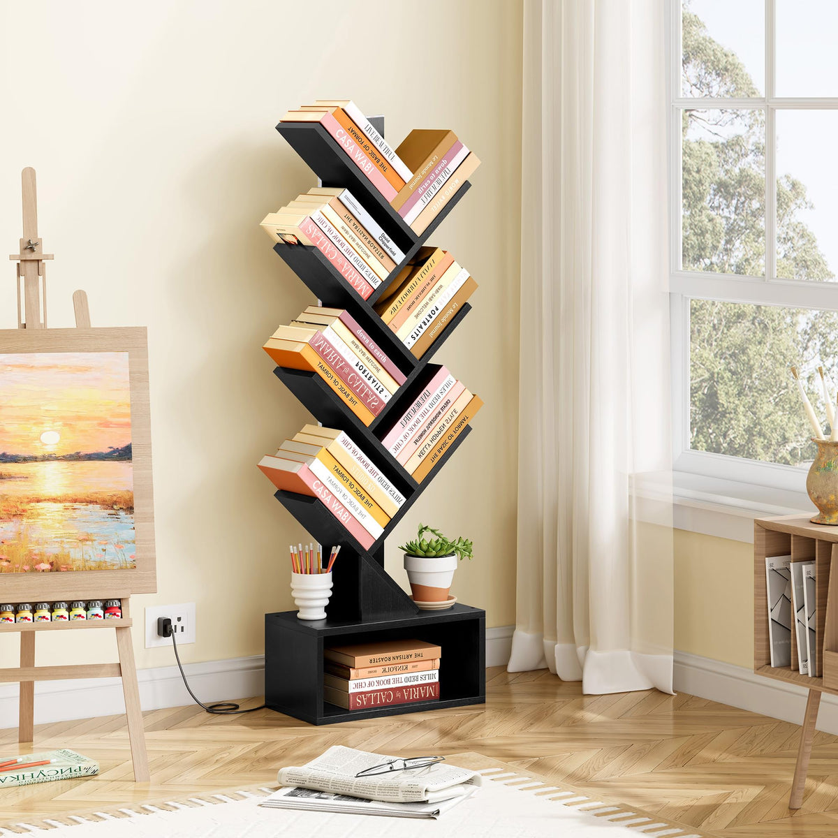 6 Tier Tree Bookshelf with Drawer and LED Lights Q678622
