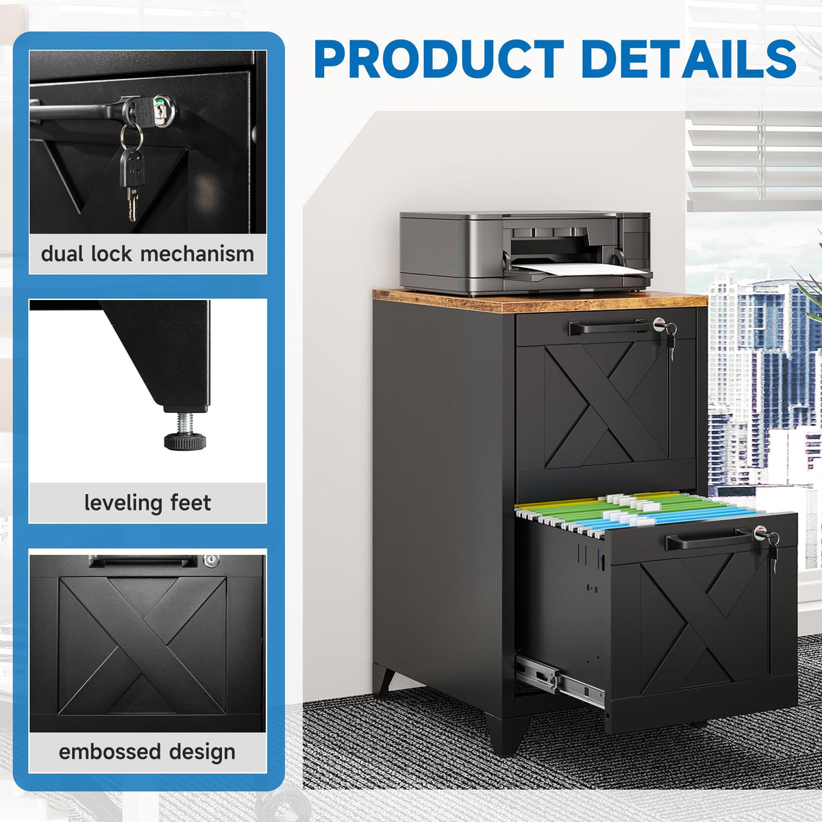 Black 2 Drawer Steel File Cabinet with Lock W41844