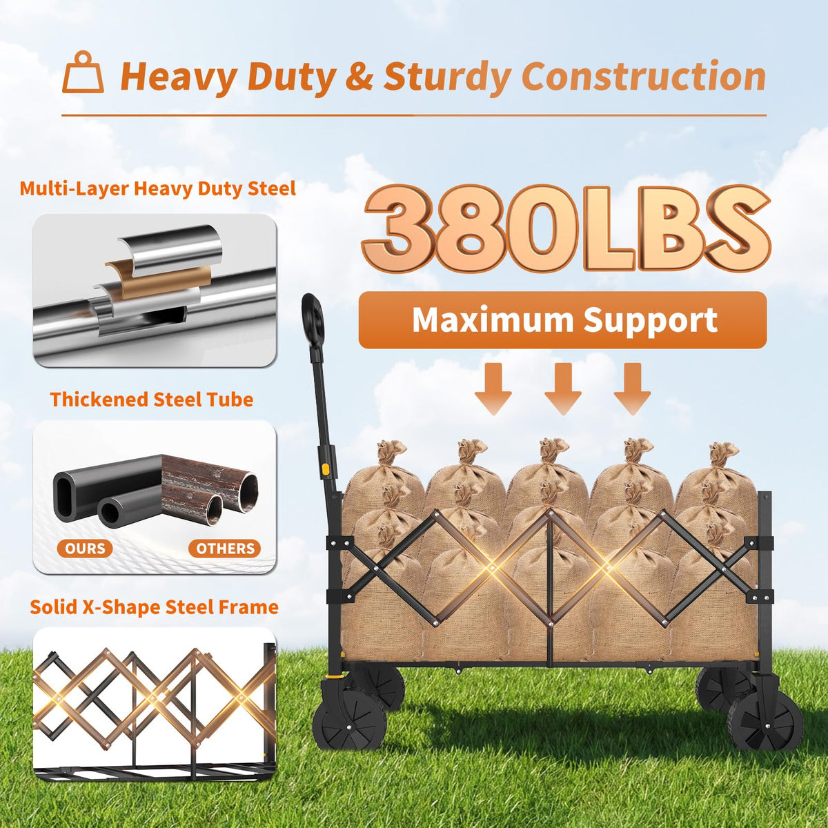 34'' Extra Long Collapsible Wagon, 380lbs Heavy Duty Utility Cart with All-Terrain Wheels B240