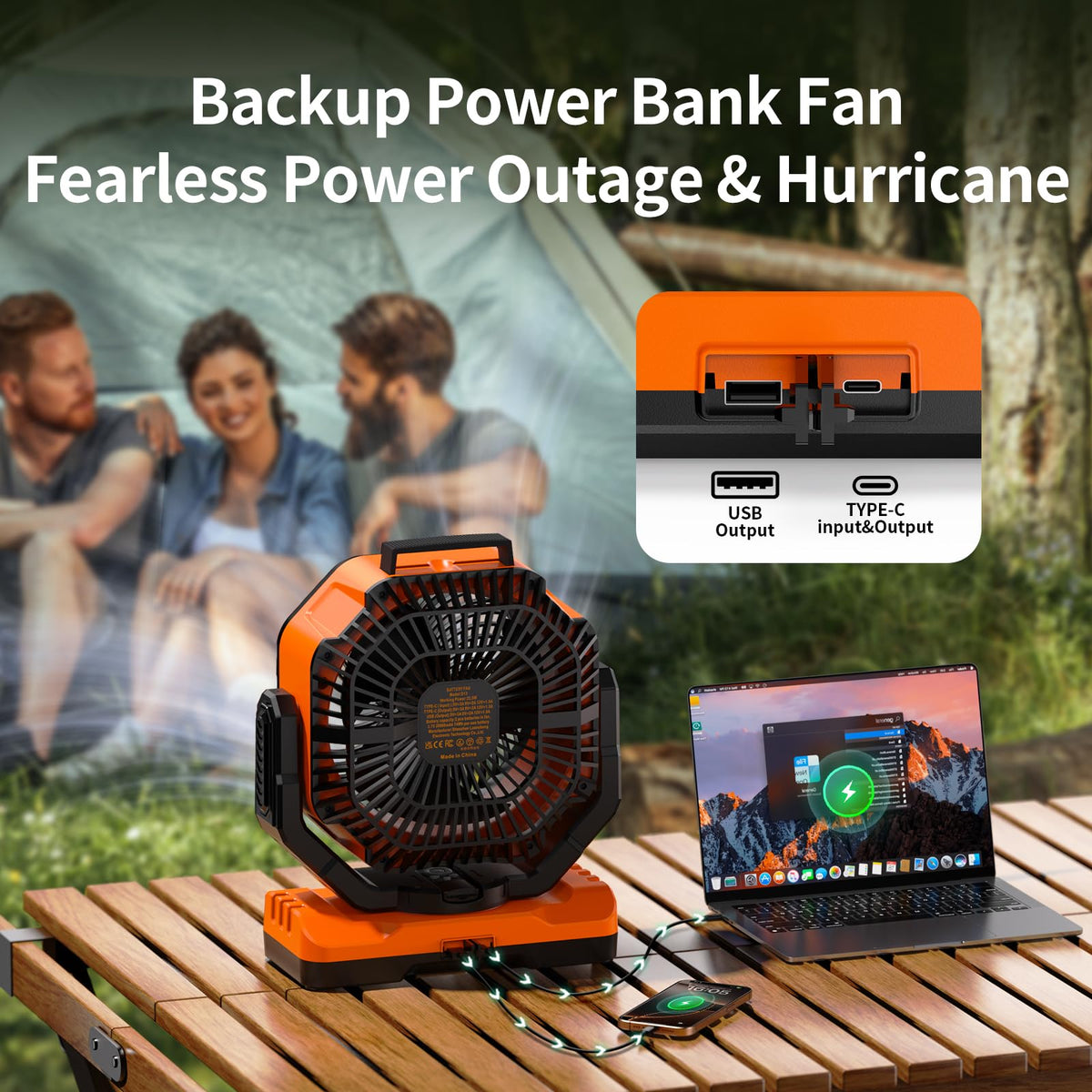40000mAh Rechargeable Portable Camping Fan with Light & Timer D57367