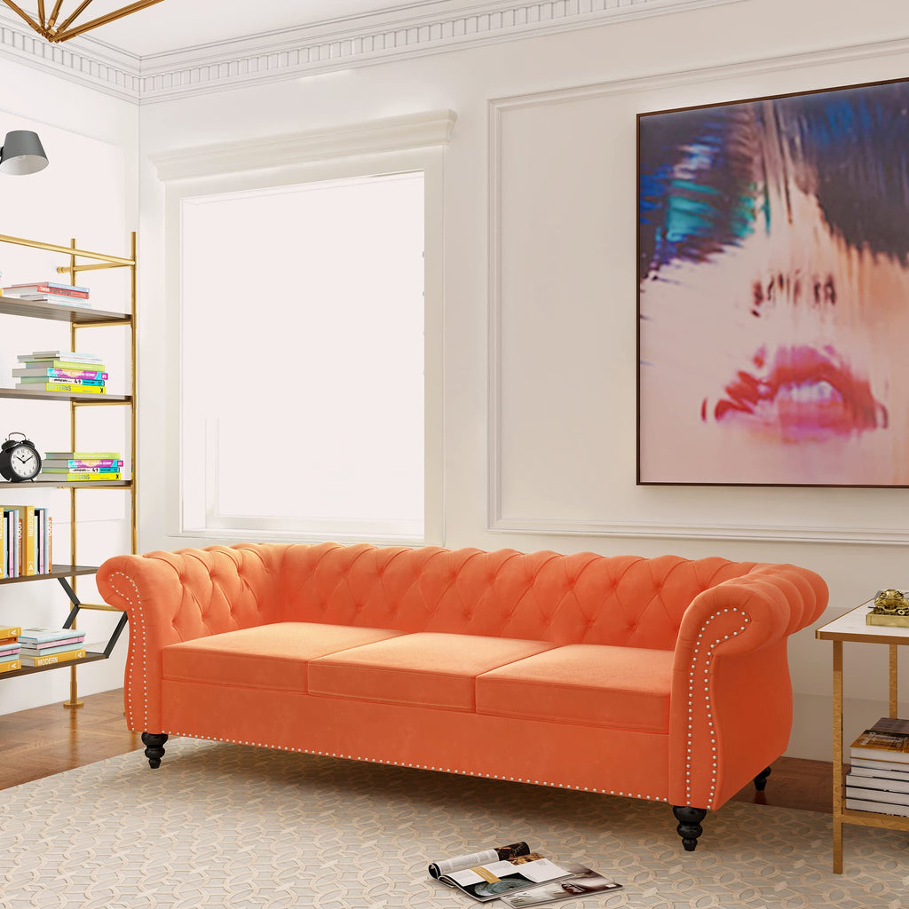 Velvet 3 Seater Tufted Sofa with Rolled Arms F608