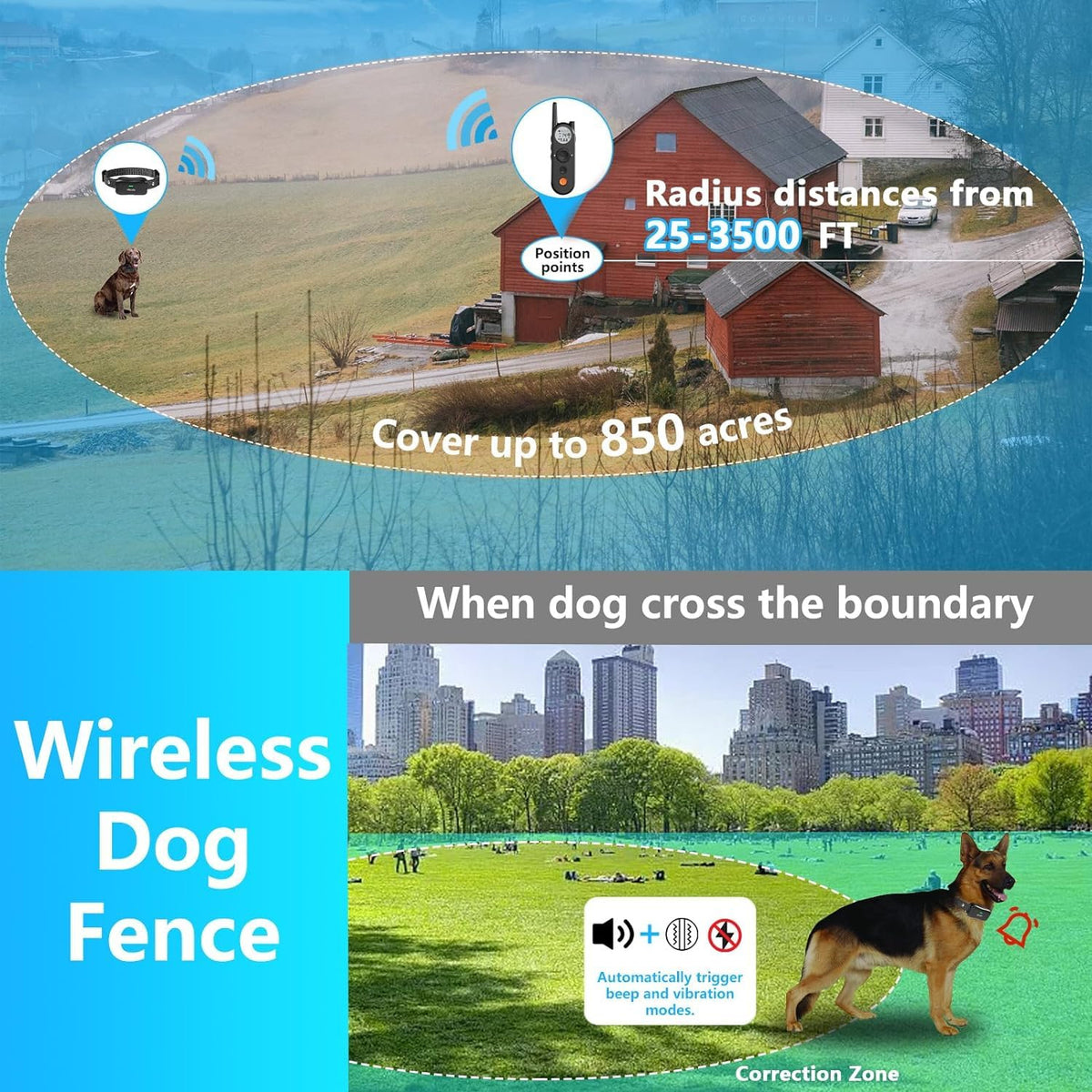 Wireless Dog Fence & Electronic Training Collar 2 in 1, IPX7 Waterproof V773451