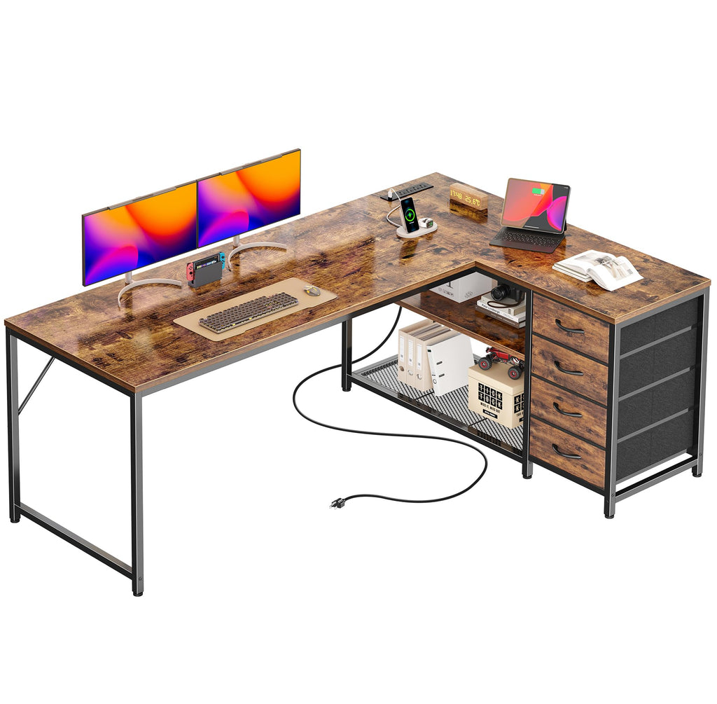 61" L Shaped Desk with Power Outlets & 4 Drawers Y463