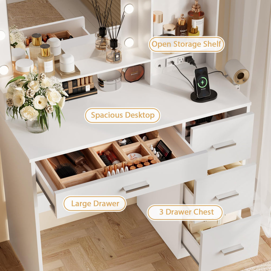 White Vanity Desk with Lighted Mirror and 4 Drawers T512413