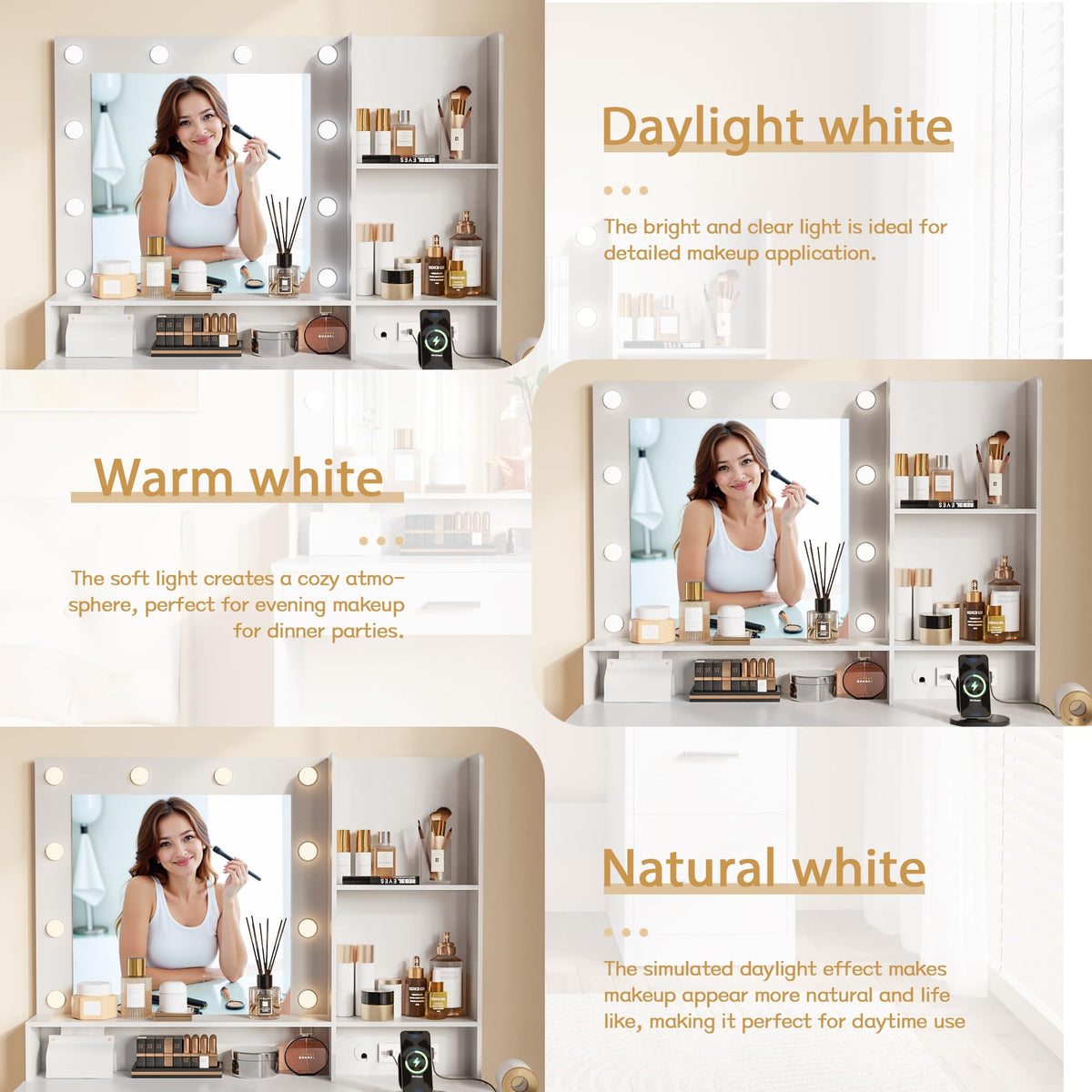 White Vanity Desk with Lighted Mirror and 4 Drawers T512413