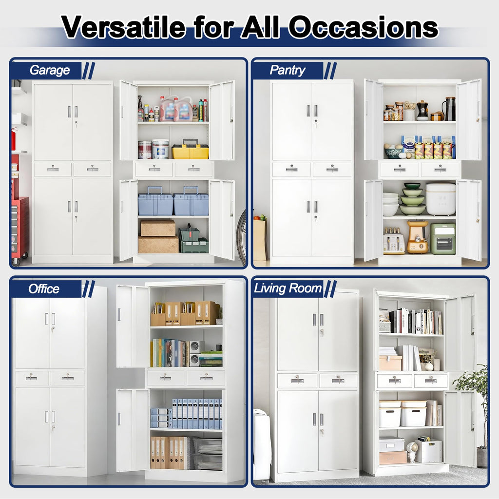 White Metal Storage Cabinet with 2 Drawers 4 Doors and Lock H536356