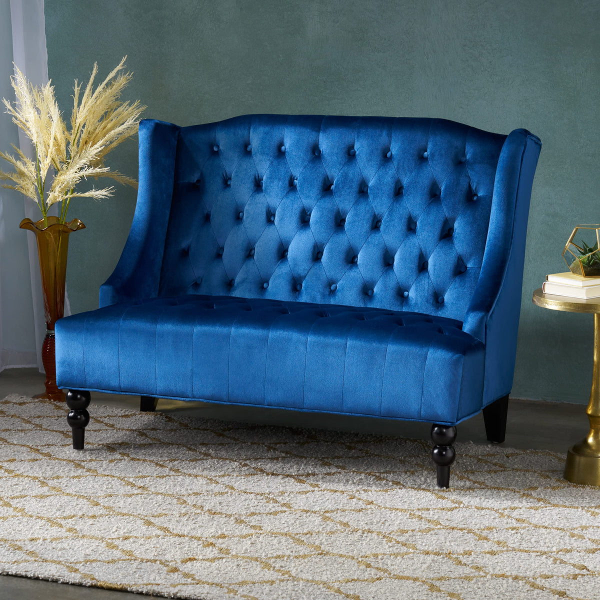 Navy Blue Velvet Tufted Loveseat S2950