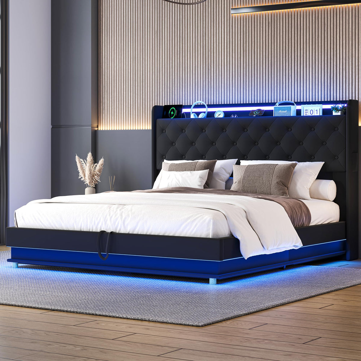 Queen Size Black Upholstered Lift Up Storage Bed Frame N352584