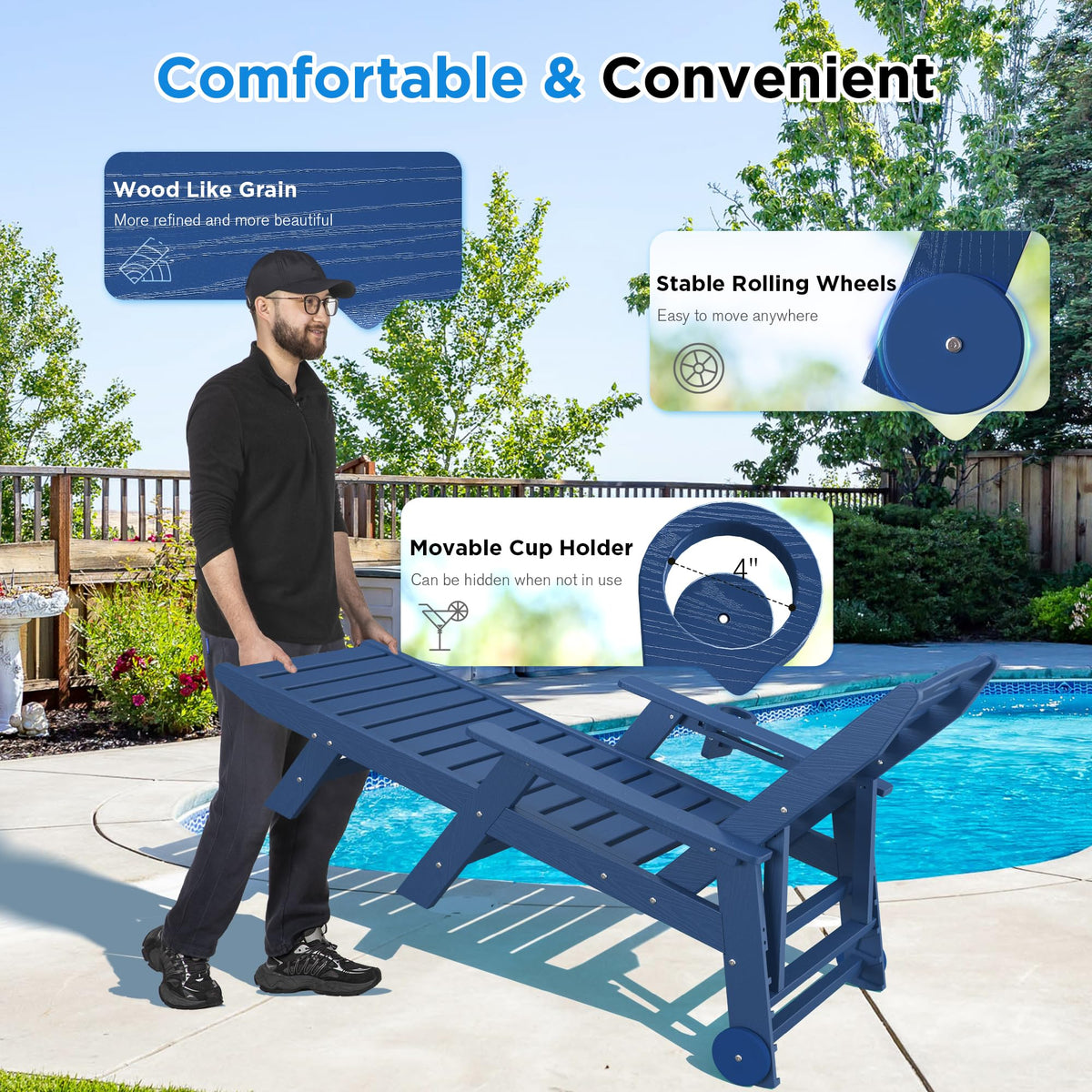 Set of 2 Outdoor Chaise Lounge Chairs with Wheels & Cup Holder A541