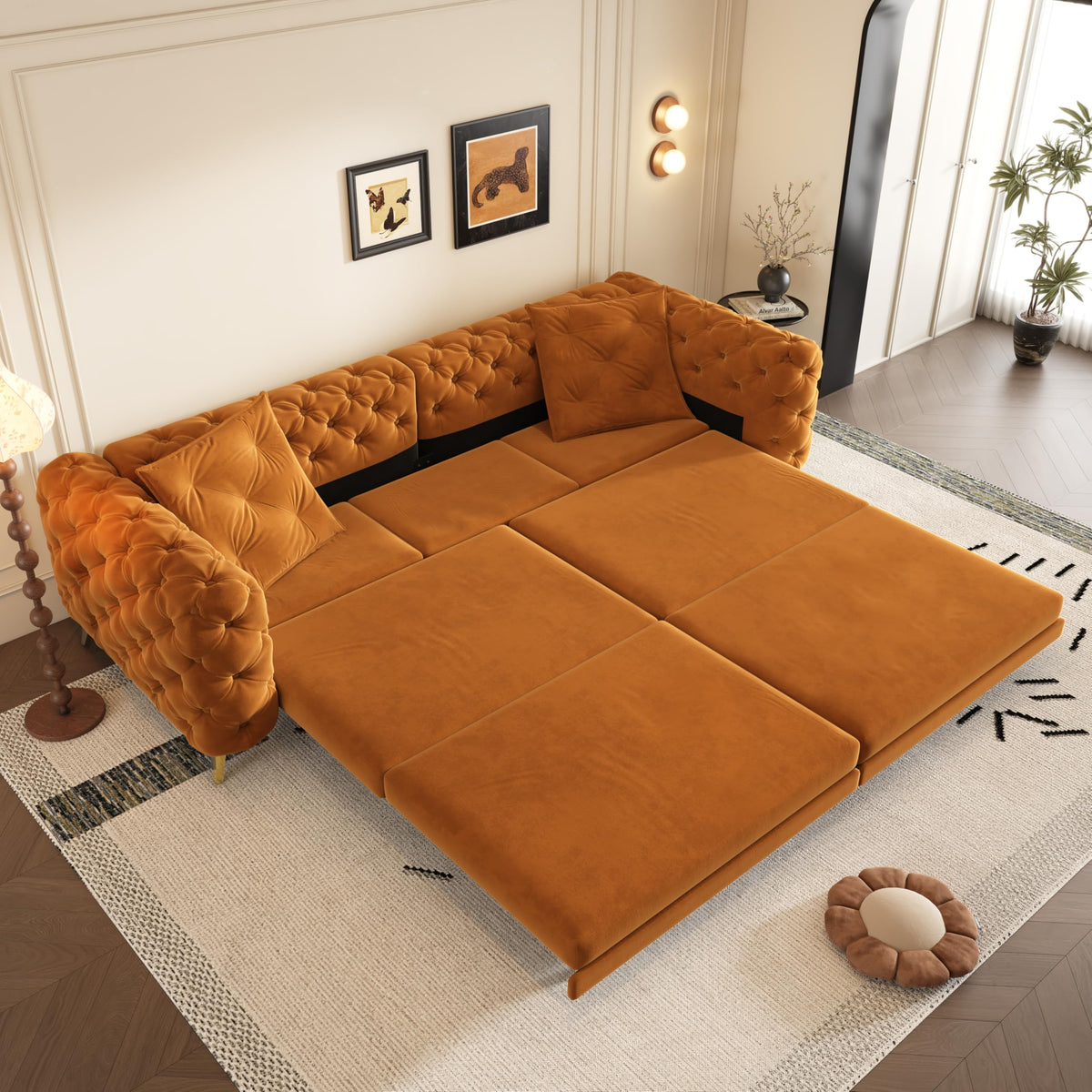 Orange Velvet Convertible Sleeper Sofa with Ottoman M373722