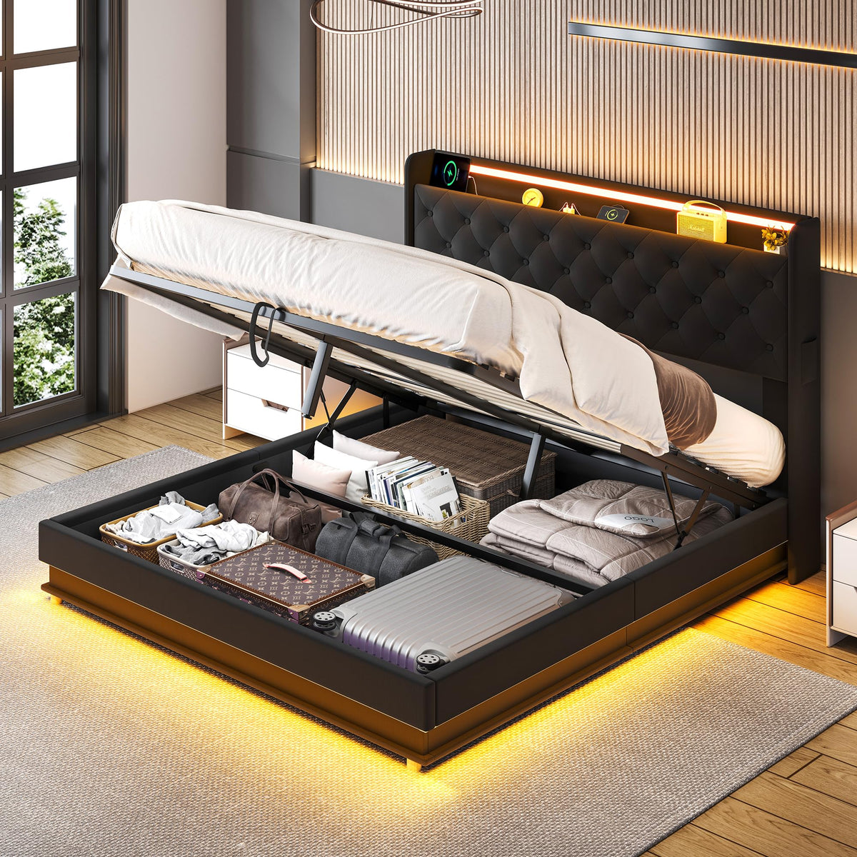 Queen Size Black Upholstered Lift Up Storage Bed Frame N352584