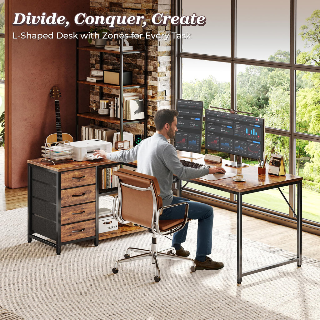 61" L Shaped Desk with Power Outlets & 4 Drawers Y463