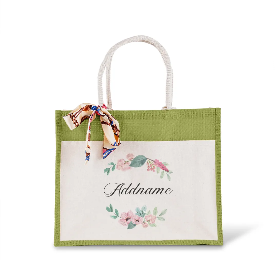 Beautiful Flower Wreath Jute Bag with Front Pocket