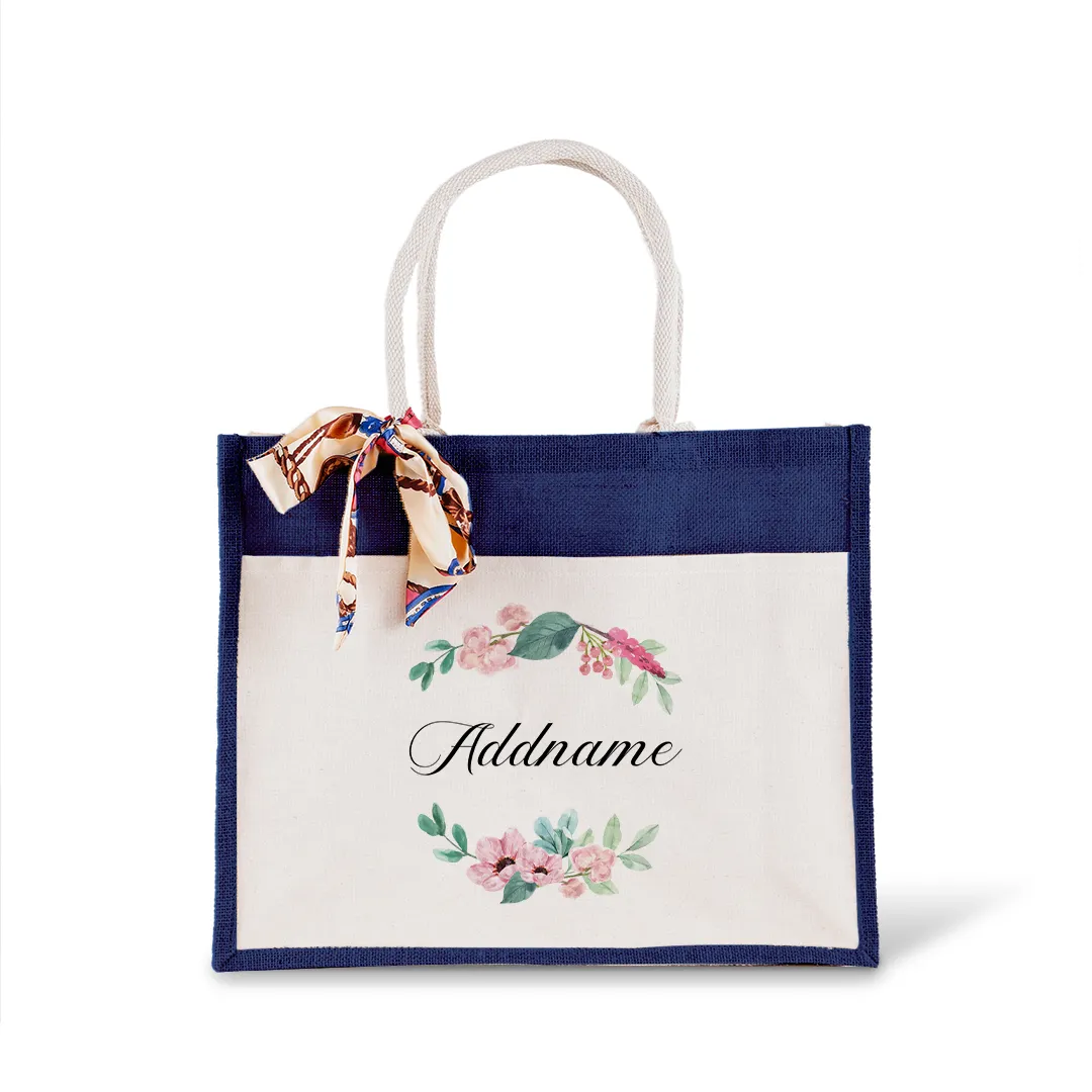 Beautiful Flower Wreath Jute Bag with Front Pocket