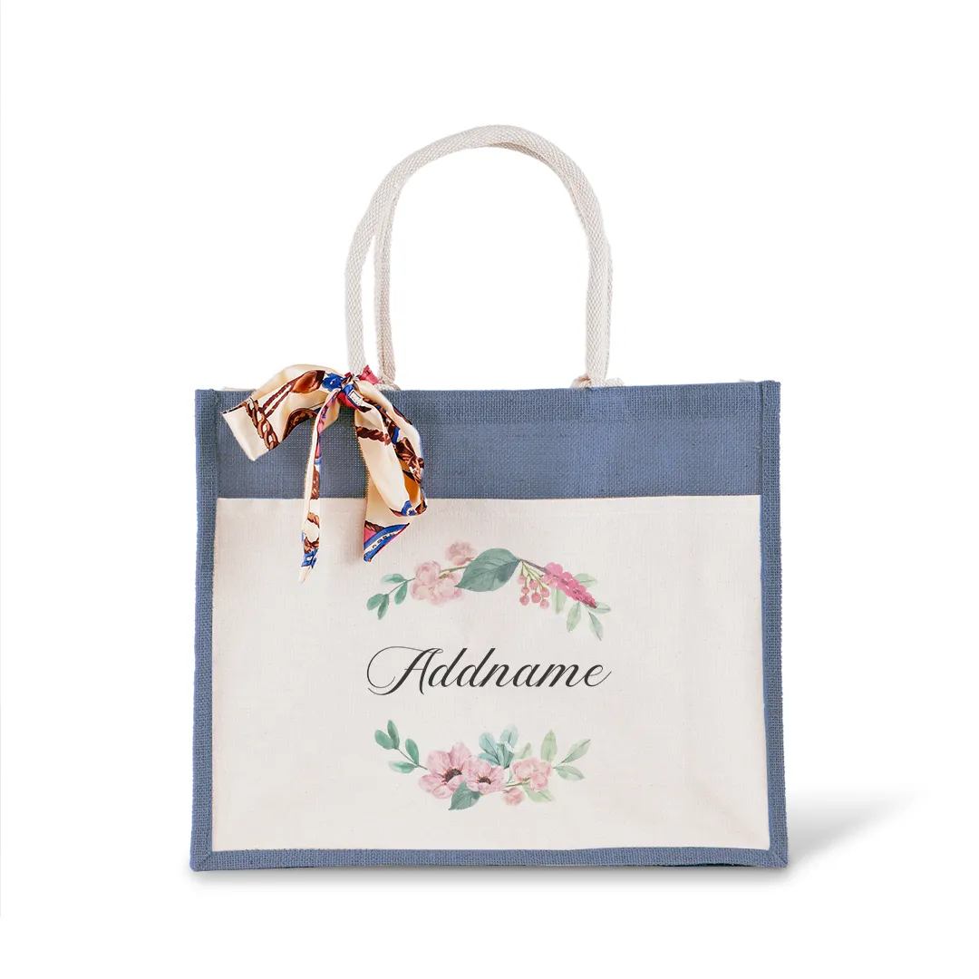 Beautiful Flower Wreath Jute Bag with Front Pocket