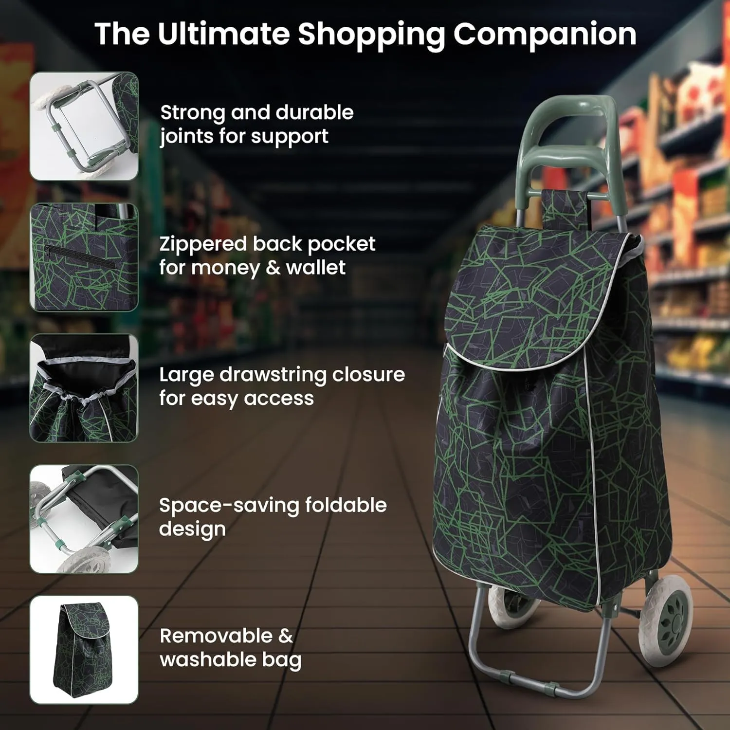 Cheston Shopping Bag for Grocery | Foldable Shopping Trolly Bag with Wheels | Large and Lightweight Shopping Trolly Bag with 30 Kg Capacity | Water-Proof Oxford Fabric with Multiple Pockets (Green)