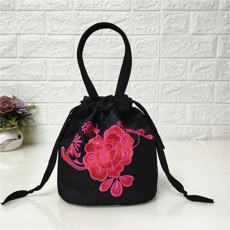 Ethnic style embroidered bag, embroidered canvas bag, mobile phone change, drawstring small bag, women's bucket bag