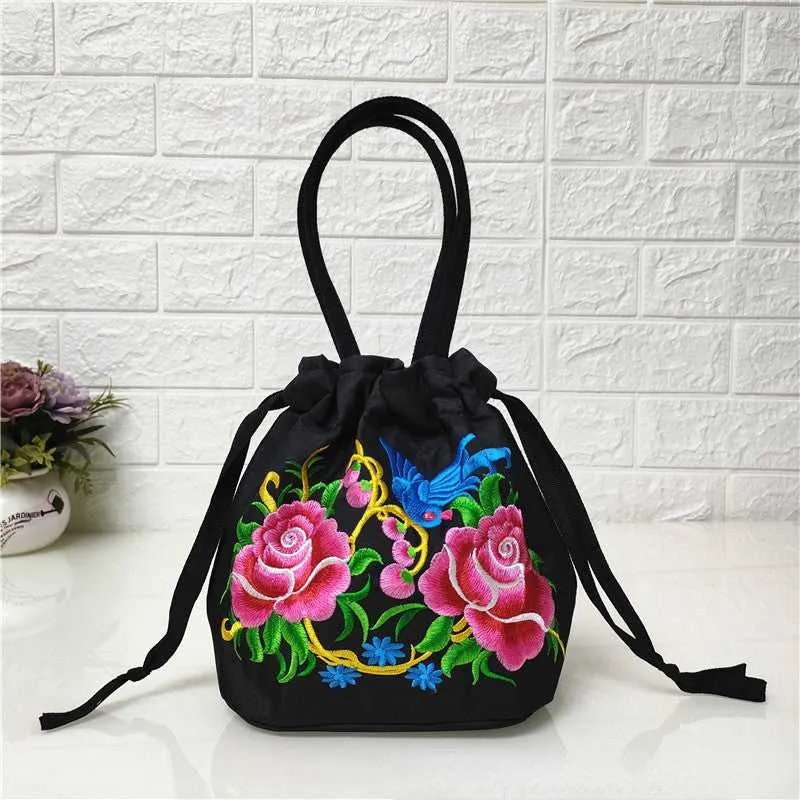 Ethnic style embroidered bag, embroidered canvas bag, mobile phone change, drawstring small bag, women's bucket bag