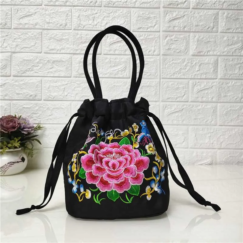 Ethnic style embroidered bag, embroidered canvas bag, mobile phone change, drawstring small bag, women's bucket bag