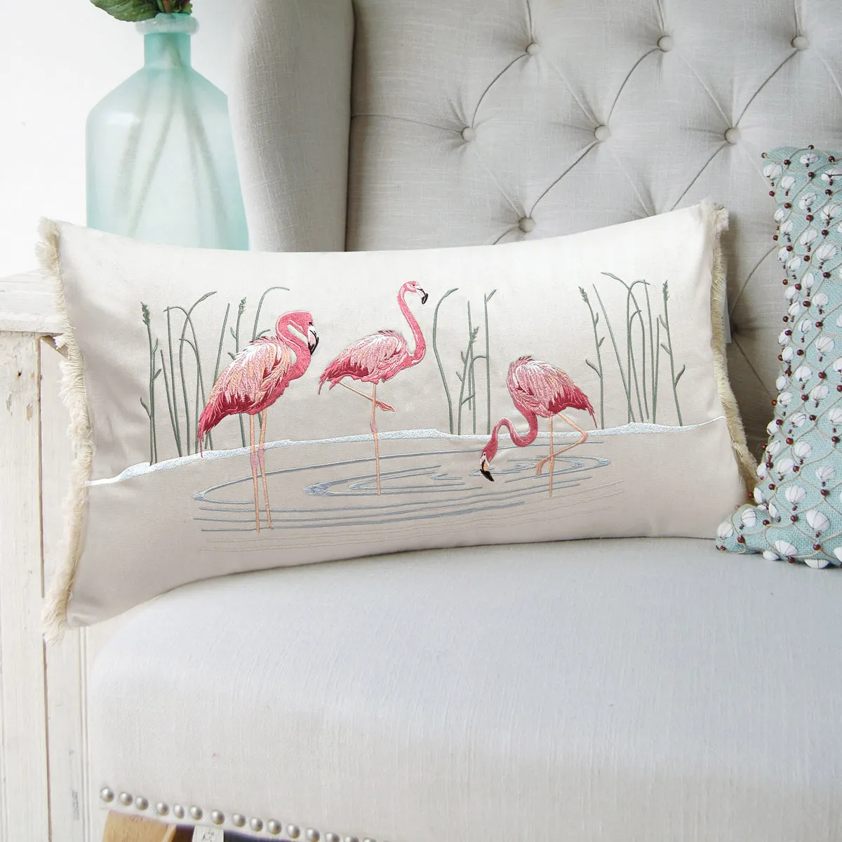 Flamboyant Flamingo Fringed Lumbar Indoor Pillow