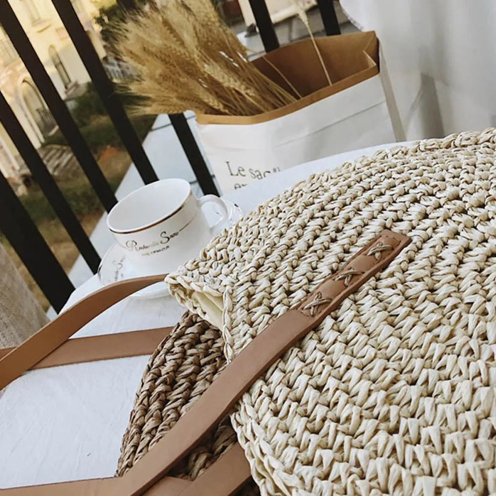 Hand Woven Round Ladies Bohemian Summer Straw Beach Bag