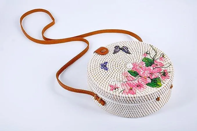 Handwoven Round Rattan Bag with Leather Shoulder Strap