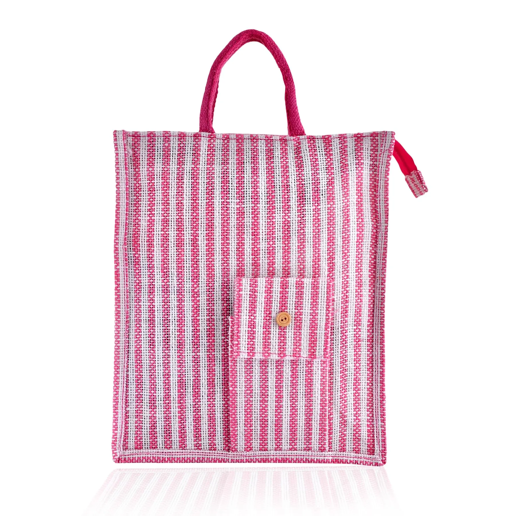 Heart Home Shopping Bag | Jute Carry Bag | Zipper Grocery Bag with Handle | Reusable Shopping Bag | Carrying Bag With Front Pocket | Lining-Grocery Bag | Medium | Pink