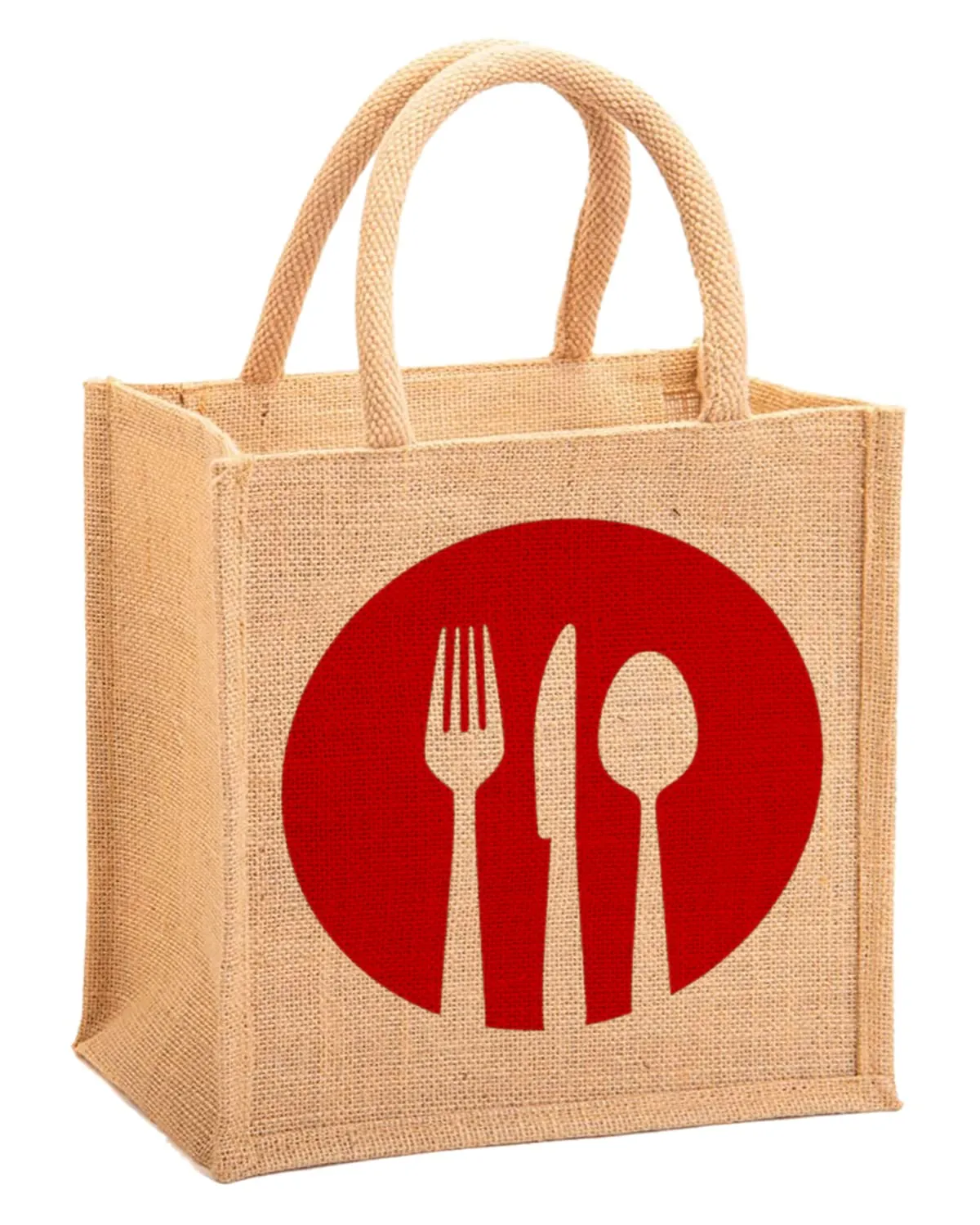 Kuber Industries Fork Knife Print Jute Reusable Eco-Friendly Hand Bag/Grocery Bag For Man, Woman With Handle (Red) 54KM4357