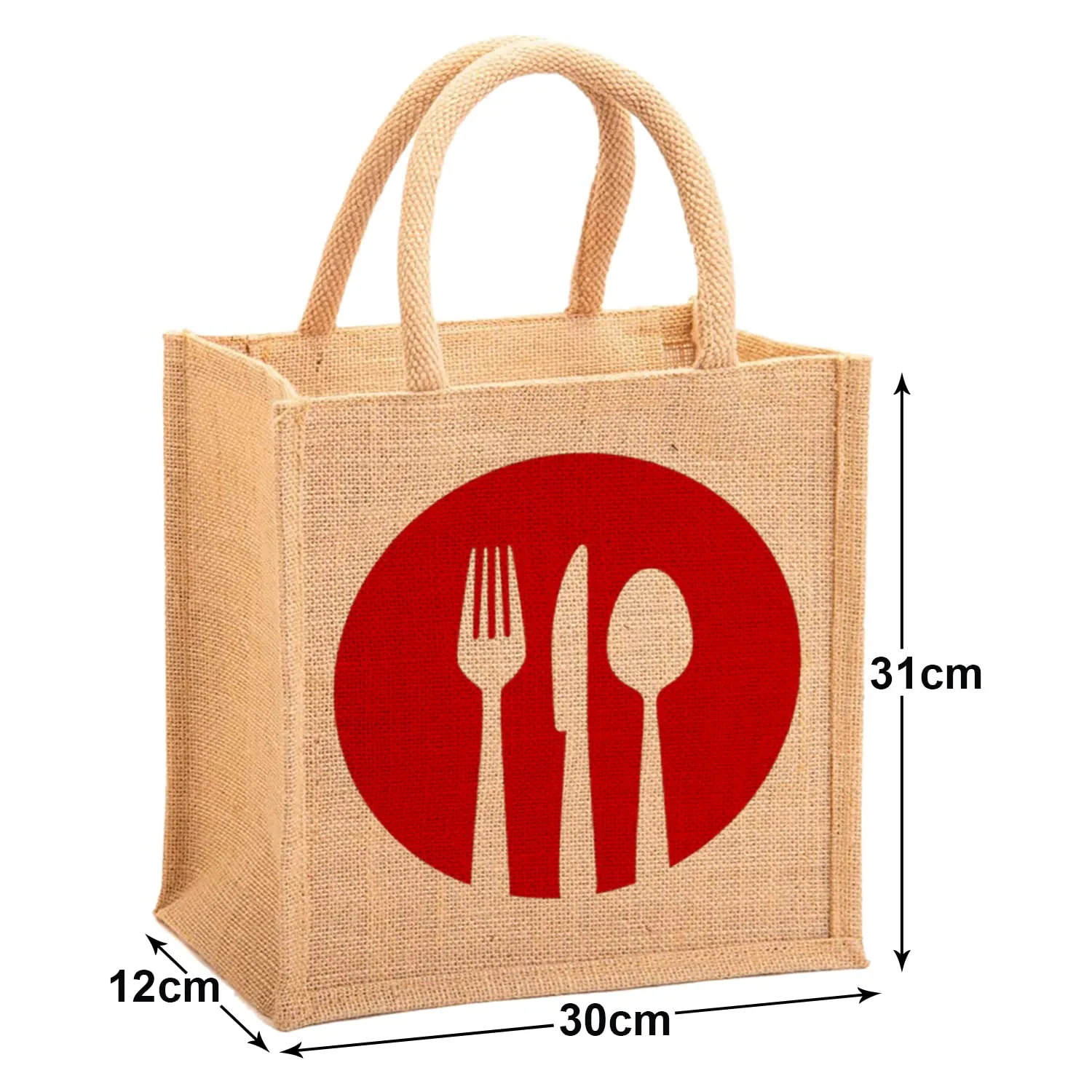 Kuber Industries Fork Knife Print Jute Reusable Eco-Friendly Hand Bag/Grocery Bag For Man, Woman With Handle (Red) 54KM4357