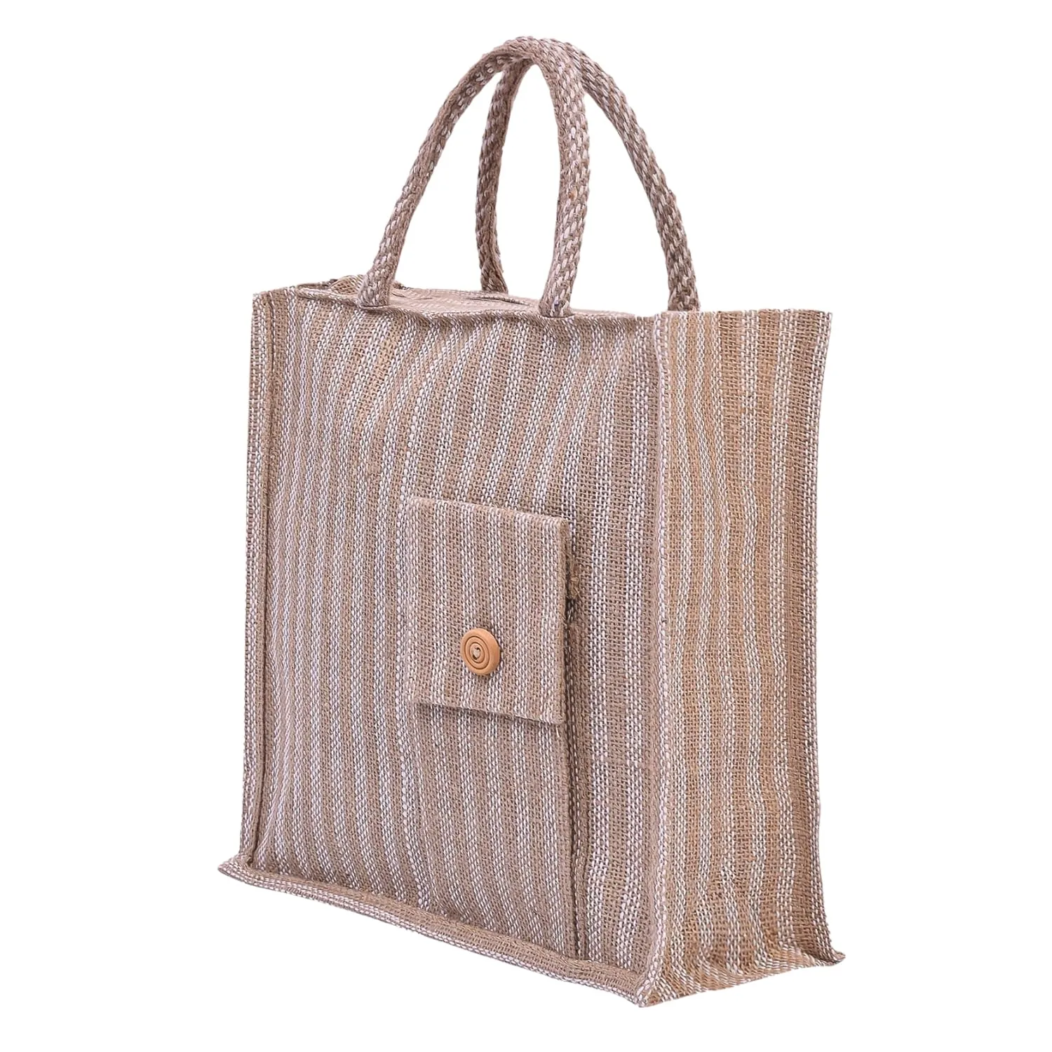 Kuber Industries Grocery Bag | Jute Carry Bag | Lunch Bags for Office | Zipper Grocery Bag with Handle | Vegetable Bag | Lining Front Pocket Shopping Bag | Medium | Brown