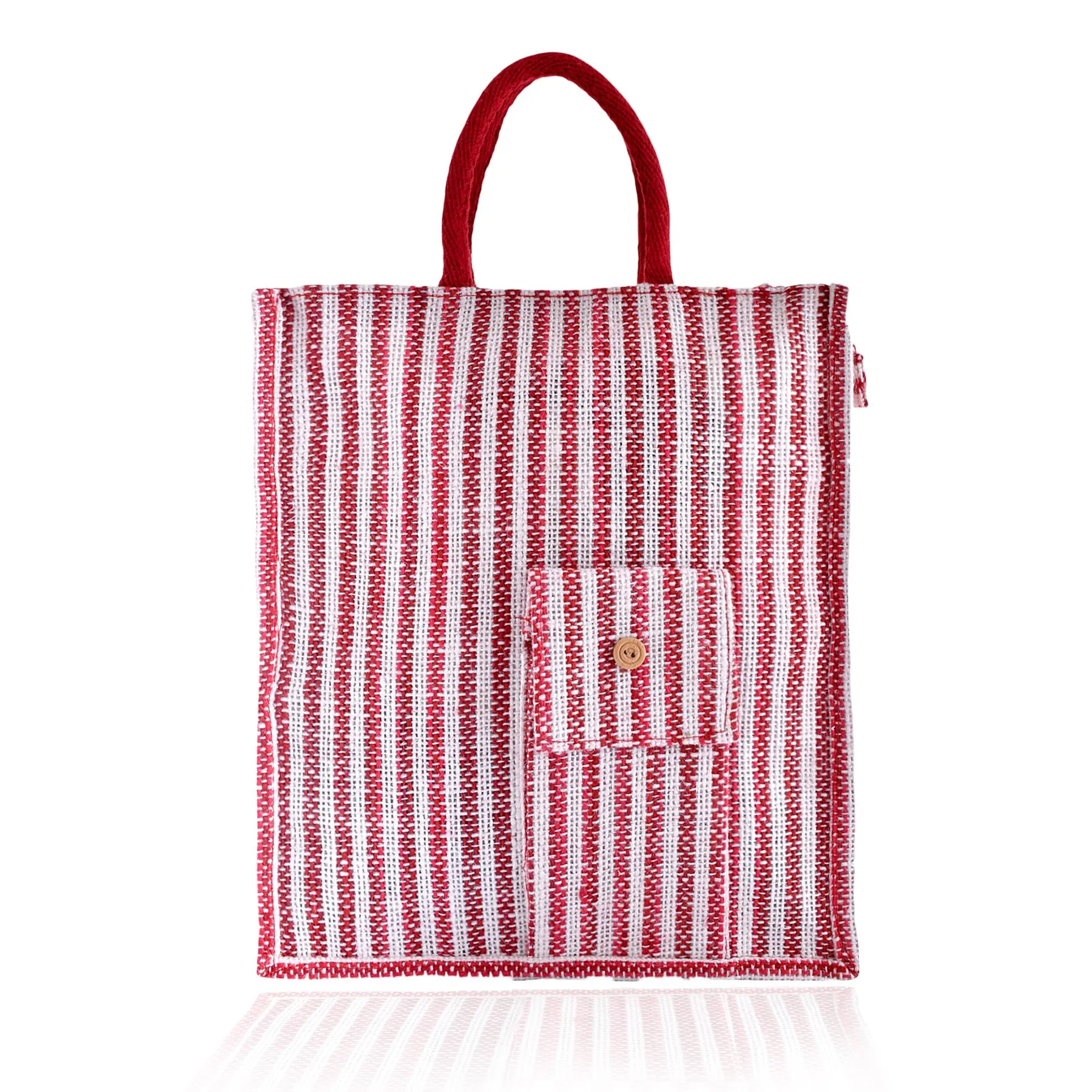 Kuber Industries Shopping Bag | Jute Carry Bag | Zipper Grocery Bag with Handle | Reusable Shopping Bag | Carrying Bag With Front Pocket | Lining-Grocery Bag | Medium | Red