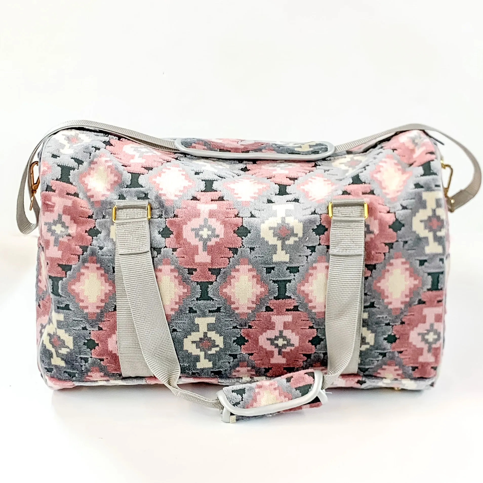 Makeup Junkie | Blush Aztec Duffel Bag in Blush Pink and Grey Mix