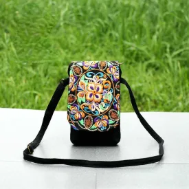 New Ethnic Embroidery Canvas Embroidered Double-layer Mobile Phone Bag Change One-shoulder Messenger Bag