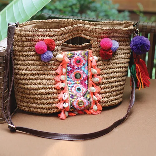 Summer straw bag woven tassel fresh travel beach holiday portable shoulder messenger bag