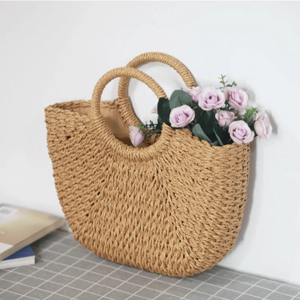 Summer Top Handle Semi Circle Straw Bag